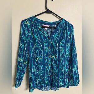 Lilly Pulitzer Top Button Up V-Neck Long Sleeve Tropical Elsa Size XS Blue